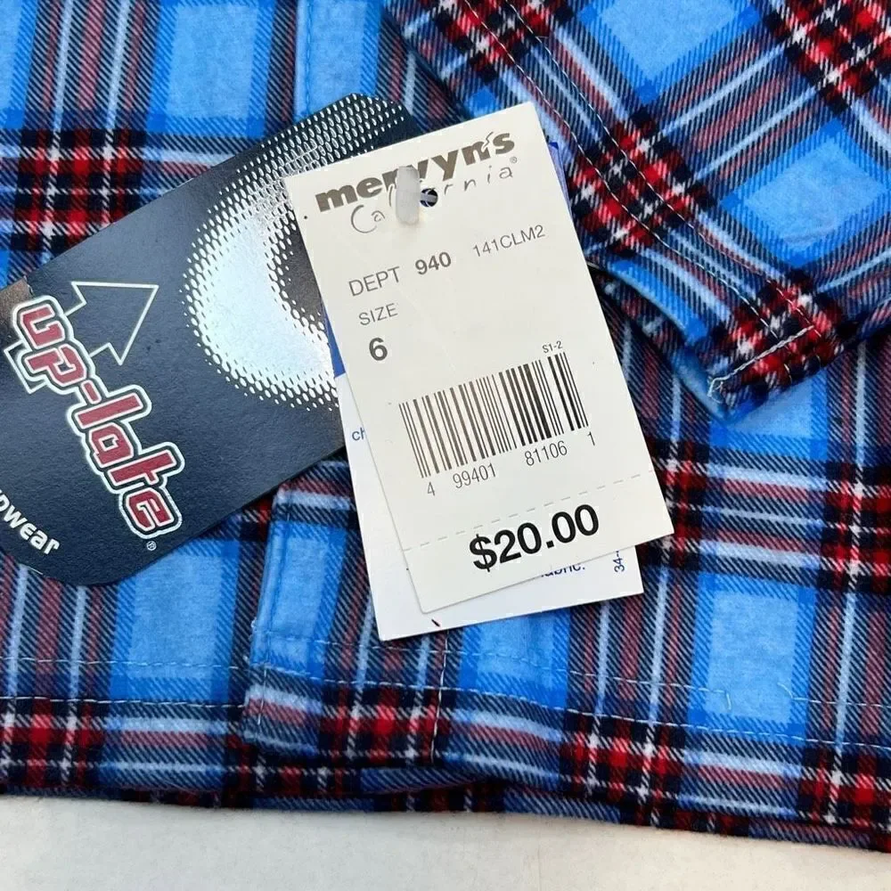 Up-late Pajama Set Kids 6 Blue Red Plaid Flannel Long Sleeve Flame Resistant NWT